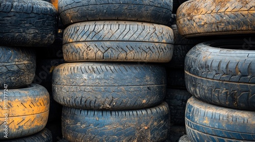 Stacked used tires in various conditions showing wear and dirt, conveying the concept of recycling and the importance of tire disposal.