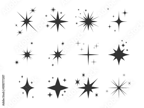 Shine Sparkle icon Collection. Bright Spark Shining. Blinking Stars. Twinkle star shape. Magic light Glint Flash effect. Black and white Background. Element for Design. Vector illustration