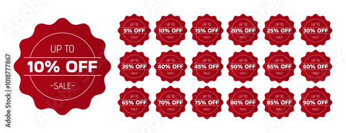 Set of red discount stamp. Up to 5, 10, 15, 20, 25, 30, 35, 40, 45, 50, 55, 60, 65, 70, 75, 80, 85, 90 percent off. Sale. 