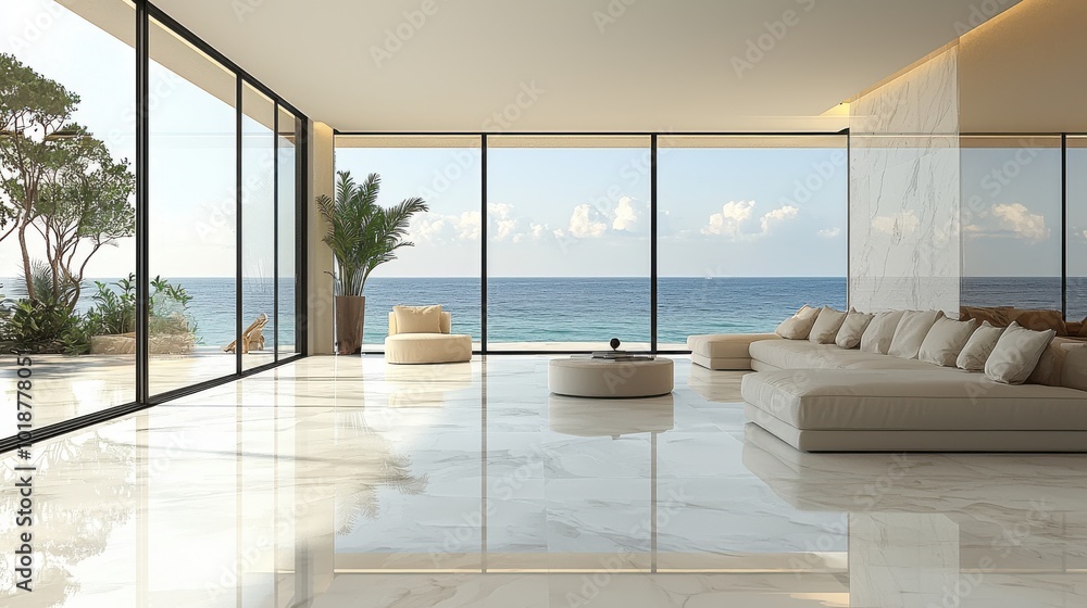 Modern living room overlooking a serene ocean view with large windows and elegant décor during day time Modern living room overlooking a serene ocean view with large windows and elegant décor during day time