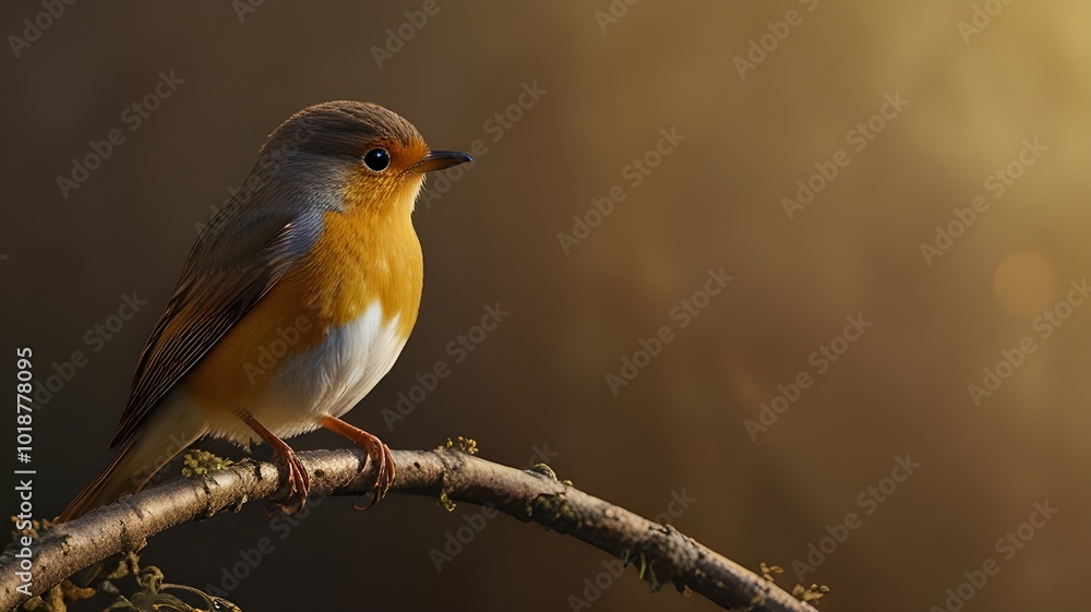 Fototapeta premium a Robin with a warm, golden hue, using a matching gradient background that shifts from light gold to a deeper amber