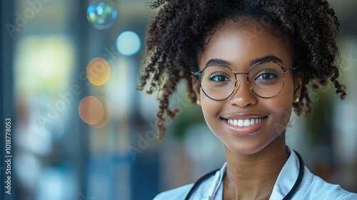 Smiling young female healthcare professional with curly hair and glasses in a modern medical office during daylight