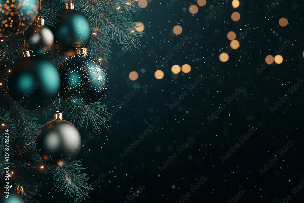 Dark green Christmas ornaments on pine tree branch Dark green Christmas ornaments on pine tree branch