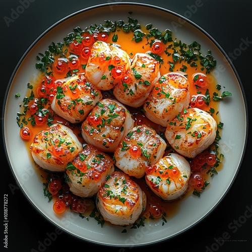 Succulent grilled scallops garnished with herbs and bright roe on a decorative plate, presented invitingly for a gourmet dining experience