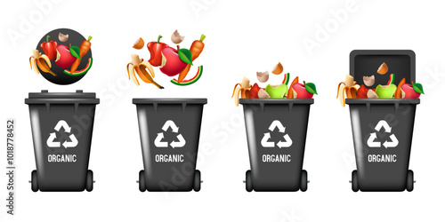 Recycling Bins for organic waste. Container for organic waste. Black trash can. Vector illustration isolated on white background.