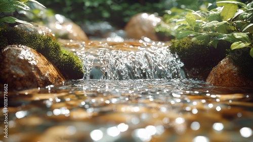 Close-up of a flowing stream with sunlight reflecting on the water, surrounded by rocks and greenery. photo