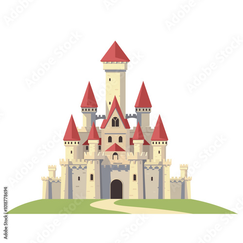A whimsical castle design with red roofs and stone walls on a grassy background. Vector illustration
