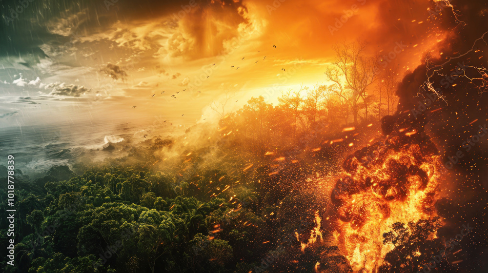 Fototapeta premium Global warming effects shown through deforestation, wildfires, and oceanic destruction, contrasted with restoration efforts and renewable solutions