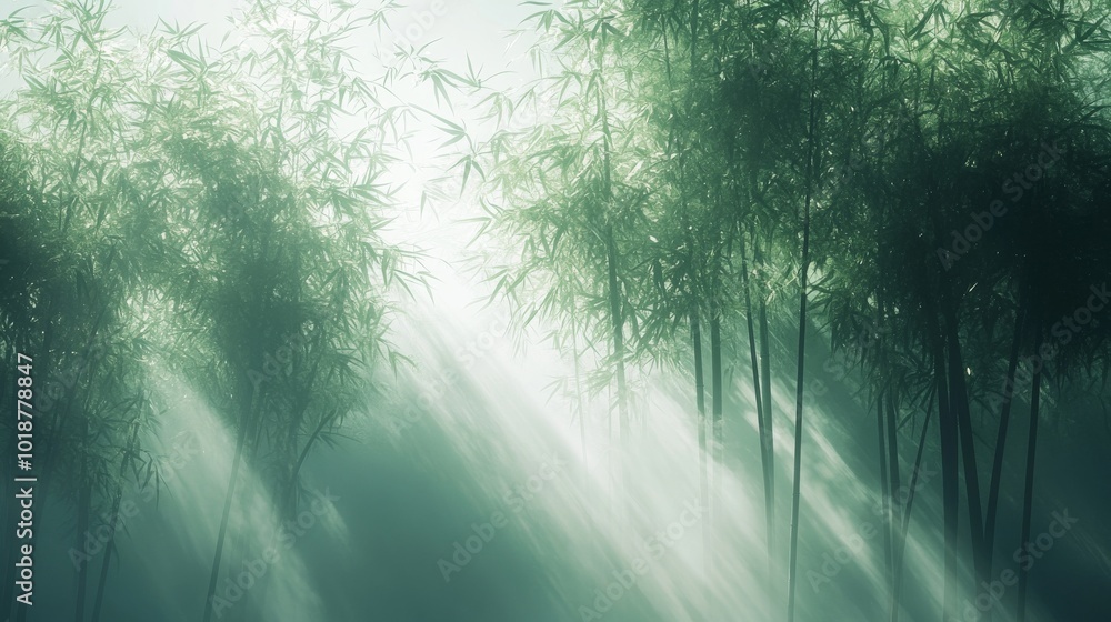 Obraz premium Sunbeams Illuminating a Misty Bamboo Forest