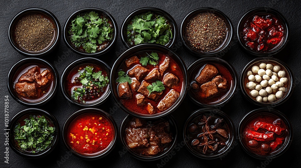 A variety of Chinese spices, herbs, and ingredients arranged around a bowl of beef stew on a black background. A variety of Chinese spices, herbs, and ingredients arranged around a bowl of beef stew on a black background.