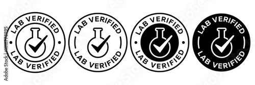 Lab Verified label, logo, badge, icon, sticker, symbol, emblem, stamp, black, line, flat vector, isolated illustration. Lab Verified label for product packaging design.