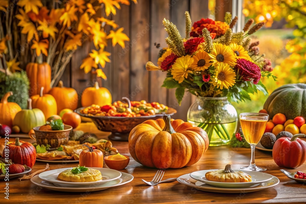 Festive Thanksgiving Table Decor with Autumn Leaves, Pumpkins, and Delicious Food Arrangements Festive Thanksgiving Table Decor with Autumn Leaves, Pumpkins, and Delicious Food Arrangements