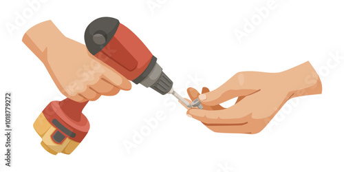 A pair of hands using a drill to fasten a screw, flat design style, on a white background. Vector illustration