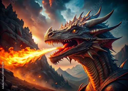 Fierce and Majestic Dragon Breathing Fire in a Dramatic Fantasy Landscape with Dark Clouds Above