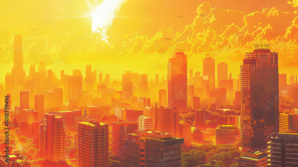 Heatwaves hitting a major city, with people turning to green energy and urban cooling systems to combat global warming's effects Heatwaves hitting a major city, with people turning to green energy and urban cooling systems to combat global warming's effects