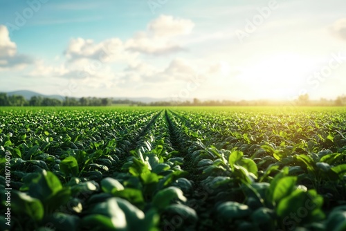 Green field of spinach plants at sunset
