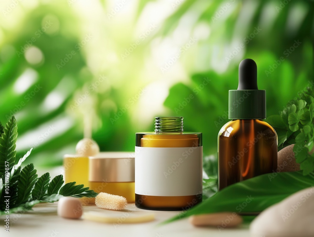 Natural Skincare Products Mockup with Green Leaves and Stones Natural Skincare Products Mockup with Green Leaves and Stones