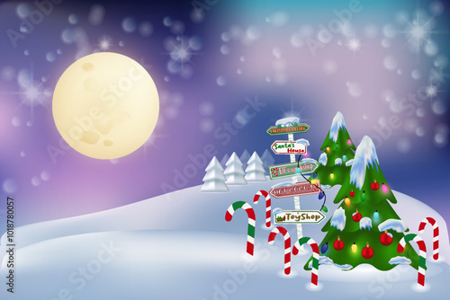 Quadro em tela Santa sign in north pole Christmas wooden street signboad with snow Arrow signpo