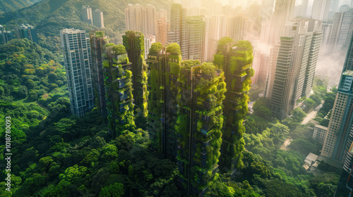 Lush forests thriving next to eco-friendly cities, with renewable energy sources and green spaces integrated into urban planning #1018780093