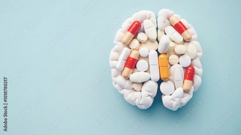 A vibrant display of various pills and tablets is intricately arranged to form the shape of a brain A vibrant display of various pills and tablets is intricately arranged to form the shape of a brain