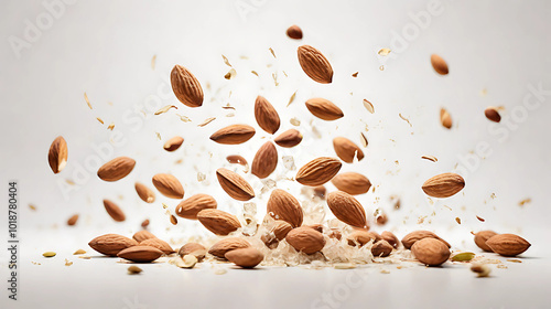 Group of almonds splashing over white background