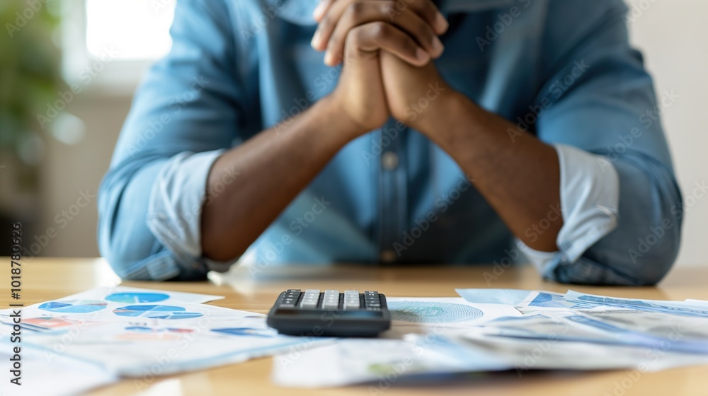 Man sitting at desk with forehead resting on clasped hands, eyes closed in deep thought, surrounded by financial documents and calculator, symbolizing stress and worry about money matters. Man sitting at desk with forehead resting on clasped hands, eyes closed in deep thought, surrounded by financial documents and calculator, symbolizing stress and worry about money matters.
