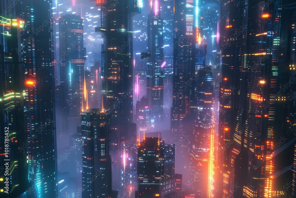 Fototapeta premium a futuristic cityscape bathed in various hues of artificial light