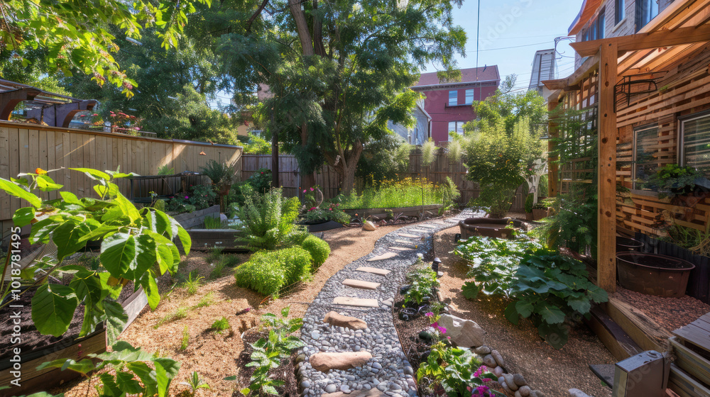Permaculture design in an urban garden, using rainwater harvesting, composting, and sustainable gardening techniques Permaculture design in an urban garden, using rainwater harvesting, composting, and sustainable gardening techniques