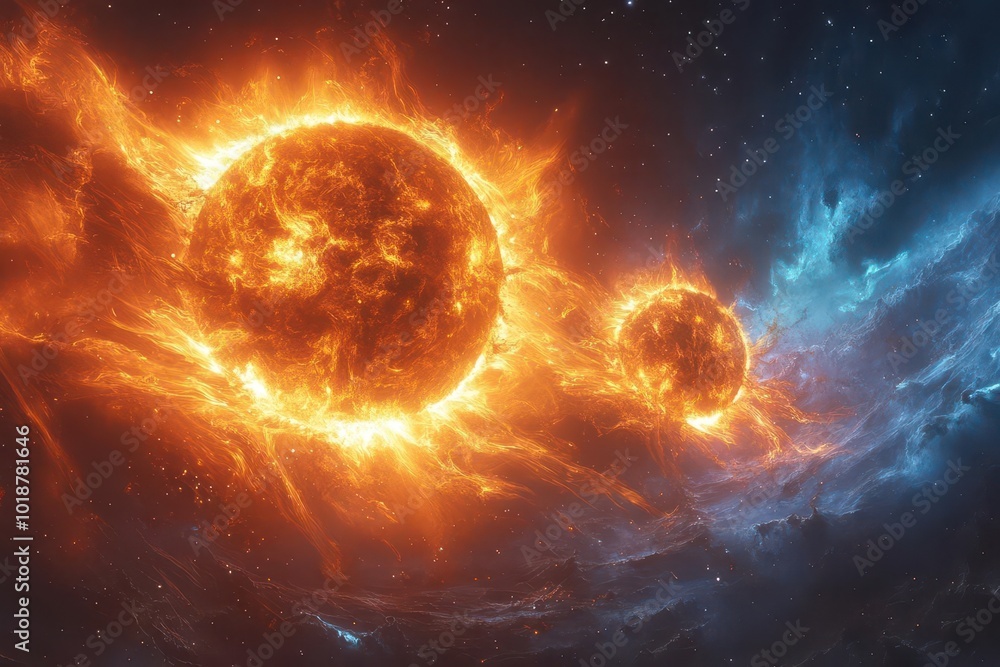Obraz premium mesmerizing cosmic dance of twin suns orbiting each other surrounded by swirling solar flares and magnetic fields in vivid blues and oranges