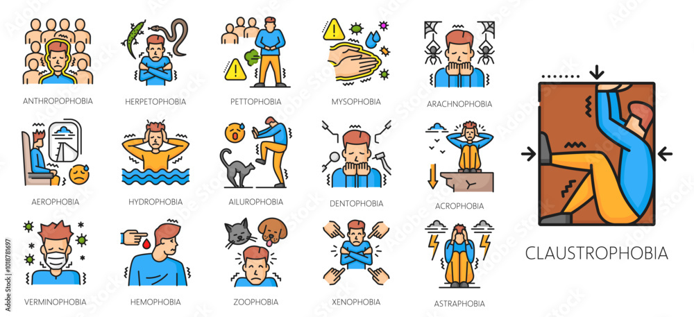Fototapeta premium Human phobia color line icons, mental health, psychology problems. Afraid men with anxiety disorders vector outline signs. Claustrophobia, acrophobia, arachnophobia, zoophobia and aerophobia