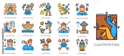 Human phobia color line icons, mental health, psychology problems. Afraid men with anxiety disorders vector outline signs. Claustrophobia, acrophobia, arachnophobia, zoophobia and aerophobia
