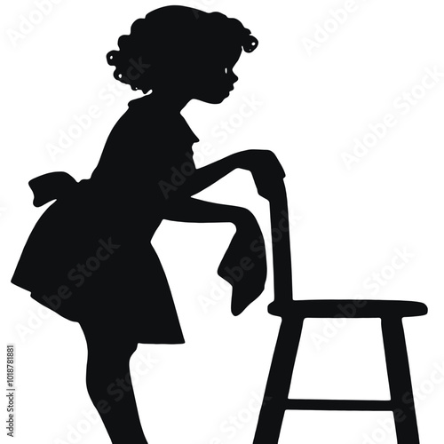A young girl with short hair clinging on a chair, silhouetted against a plain background