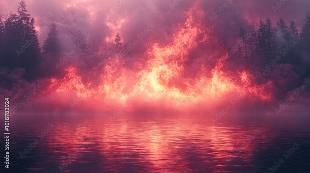 Fototapeta premium A vibrant sunset reflects on calm waters amidst a backdrop of fiery clouds and silhouetted trees in a tranquil landscape