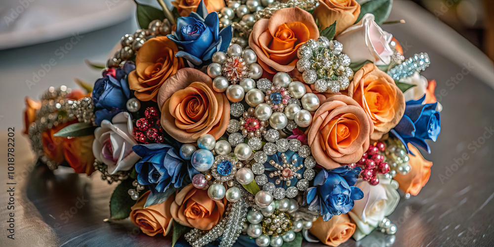 A stunning bouquet combines vibrant orange and blue roses, adorned with pearls and sparkling accents, displayed on a smooth, metallic surface A stunning bouquet combines vibrant orange and blue roses, adorned with pearls and sparkling accents, displayed on a smooth, metallic surface