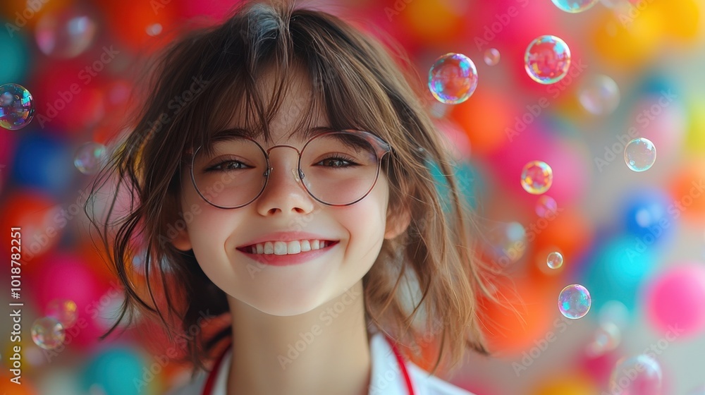 Naklejka premium A joyful girl with glasses smiles amid colorful bubbles against a vibrant background, capturing a moment of pure happiness