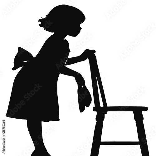 A young girl with short hair clinging on a chair, silhouetted against a plain background