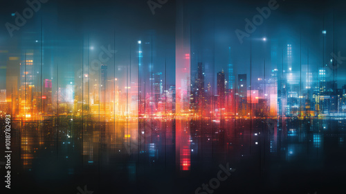 dynamic cityscape at night with vibrant colors, showcasing blend of lights and reflections that create mesmerizing urban atmosphere