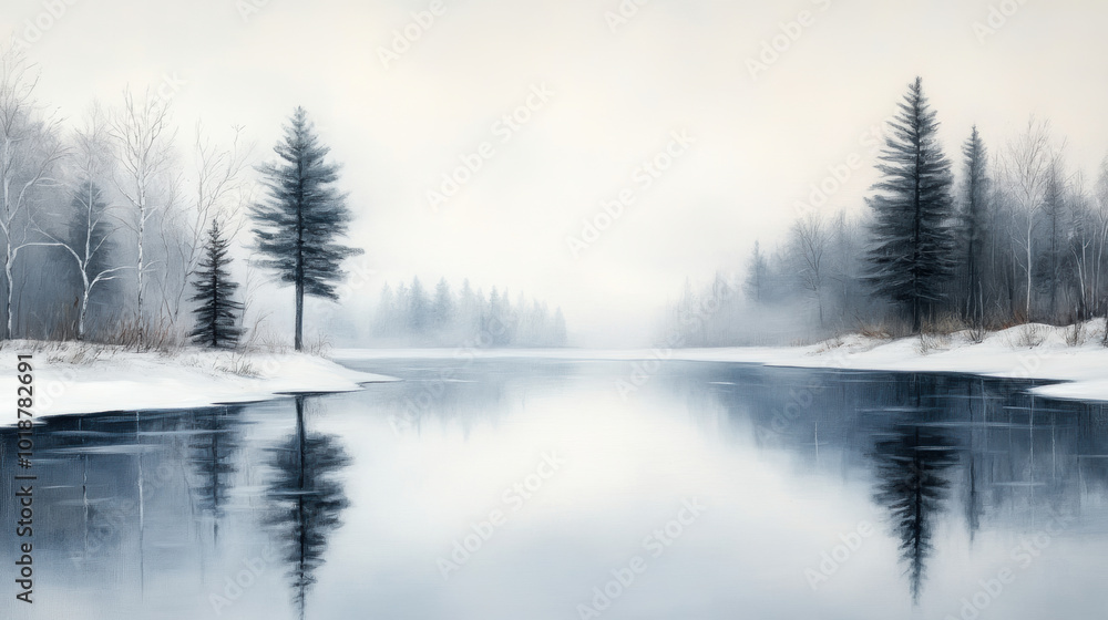 serene frozen lake reflects tall trees and soft mist, creating tranquil winter landscape. stillness of water enhances peaceful atmosphere of this beautiful scene serene frozen lake reflects tall trees and soft mist, creating tranquil winter landscape. stillness of water enhances peaceful atmosphere of this beautiful scene