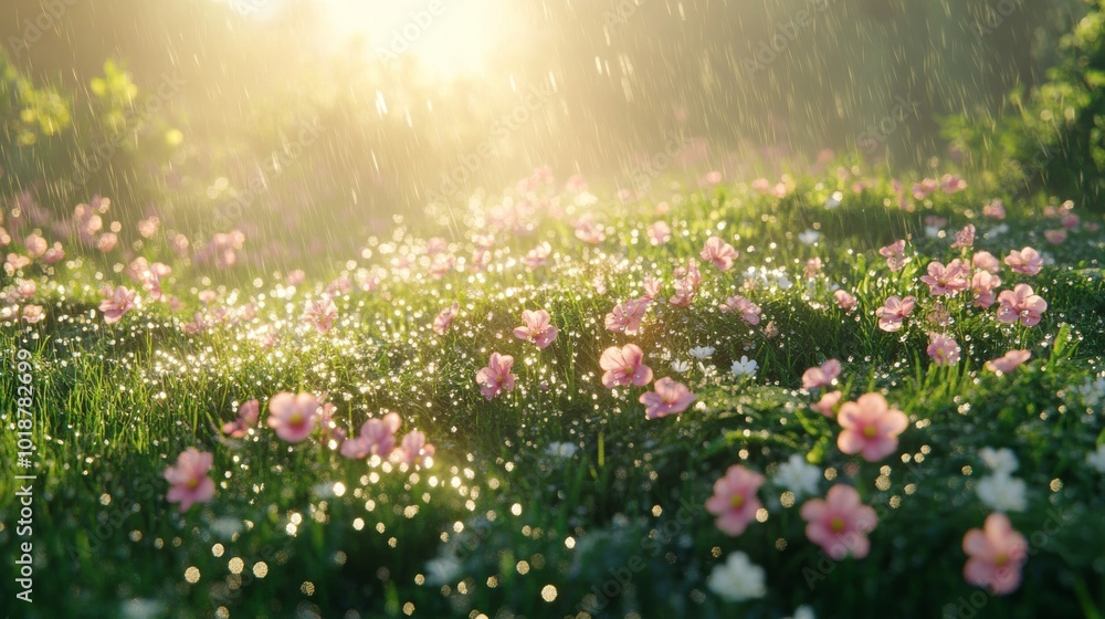 Pink Flowers Blooming in a Field During a Gentle Rain Shower Pink Flowers Blooming in a Field During a Gentle Rain Shower