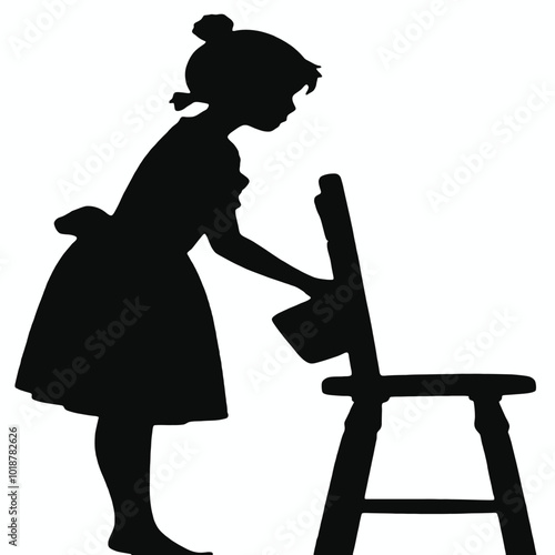 A young girl with short hair clinging on a chair, silhouetted against a plain background