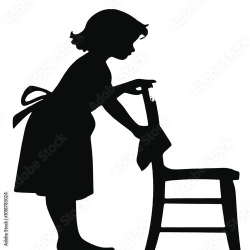 A young girl with short hair clinging on a chair, silhouetted against a plain background
