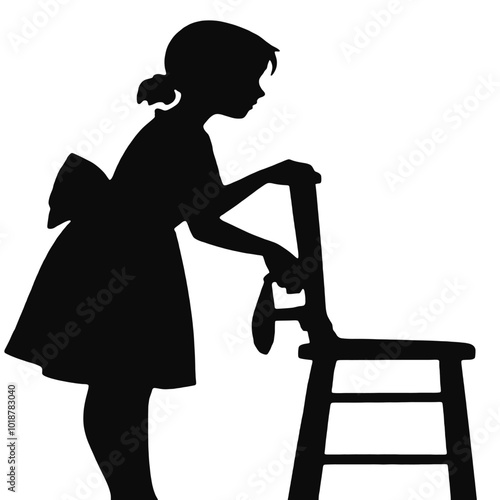 A young girl with short hair clinging on a chair, silhouetted against a plain background