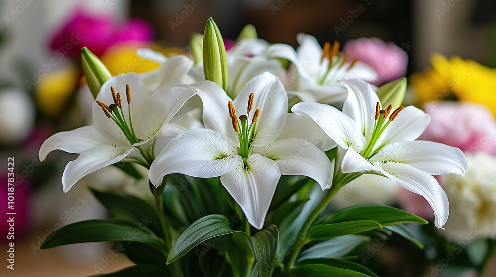 Obraz premium Closeup of white lilies with green leaves.