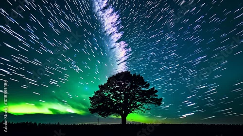 Milky Way timelapse with an aurora borealis glowing in the background and a dark tree silhouette in the foreground. video