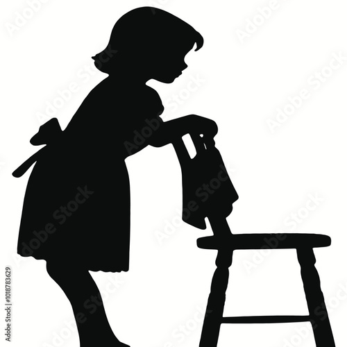A young girl with short hair clinging on a chair, silhouetted against a plain background
