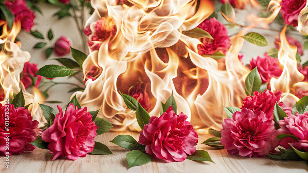 Bright pink roses are arranged neatly along a wooden surface, while vivid flames rise in the background, creating a dramatic and eye-catching effect Bright pink roses are arranged neatly along a wooden surface, while vivid flames rise in the background, creating a dramatic and eye-catching effect