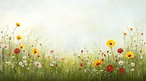 vibrant spring meadow full of wildflowers, showcasing beautiful array of colors and textures. scene evokes sense of peace and joy, perfect for nature lovers