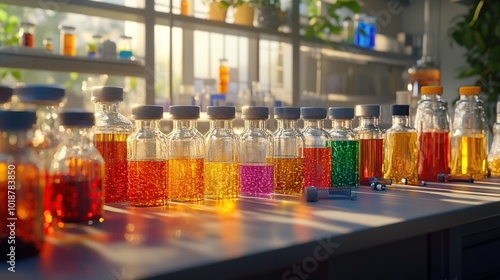 Colorful laboratory vials with various liquids.