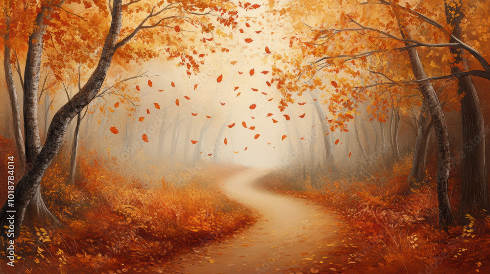 Fototapeta premium vivid autumn forest with swirling leaves creates serene atmosphere. winding path invites exploration through warm hues of orange and gold, embodying beauty of nature