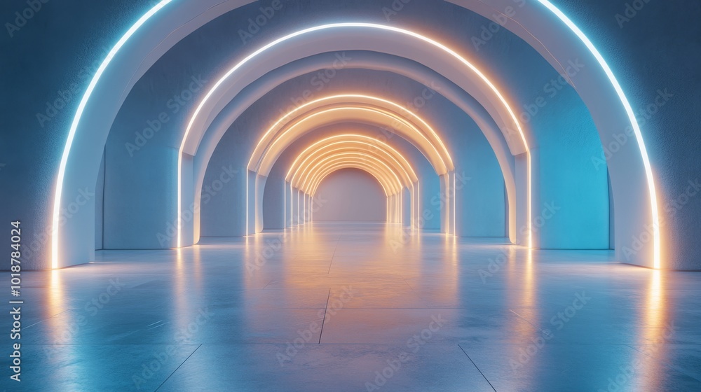 Fototapeta premium Futuristic Archway with Neon Lights and Reflective Floor